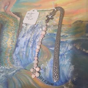 Elegant Pink Mother Of Pearl Beaded Bookmark With Cross